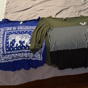 Blue Elephant Print Top & Olive Striped Panel Top - Two Pack